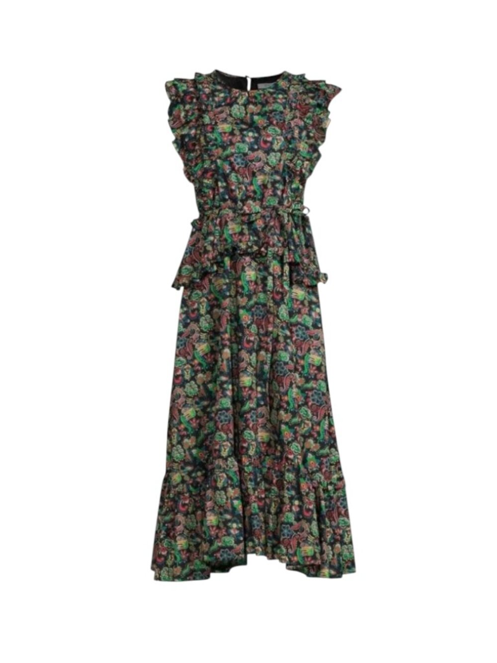 Derek Lam 10 Crosby Ariella Ruffle Midi Dress Womens 8 Green Black Tiered Cotton
